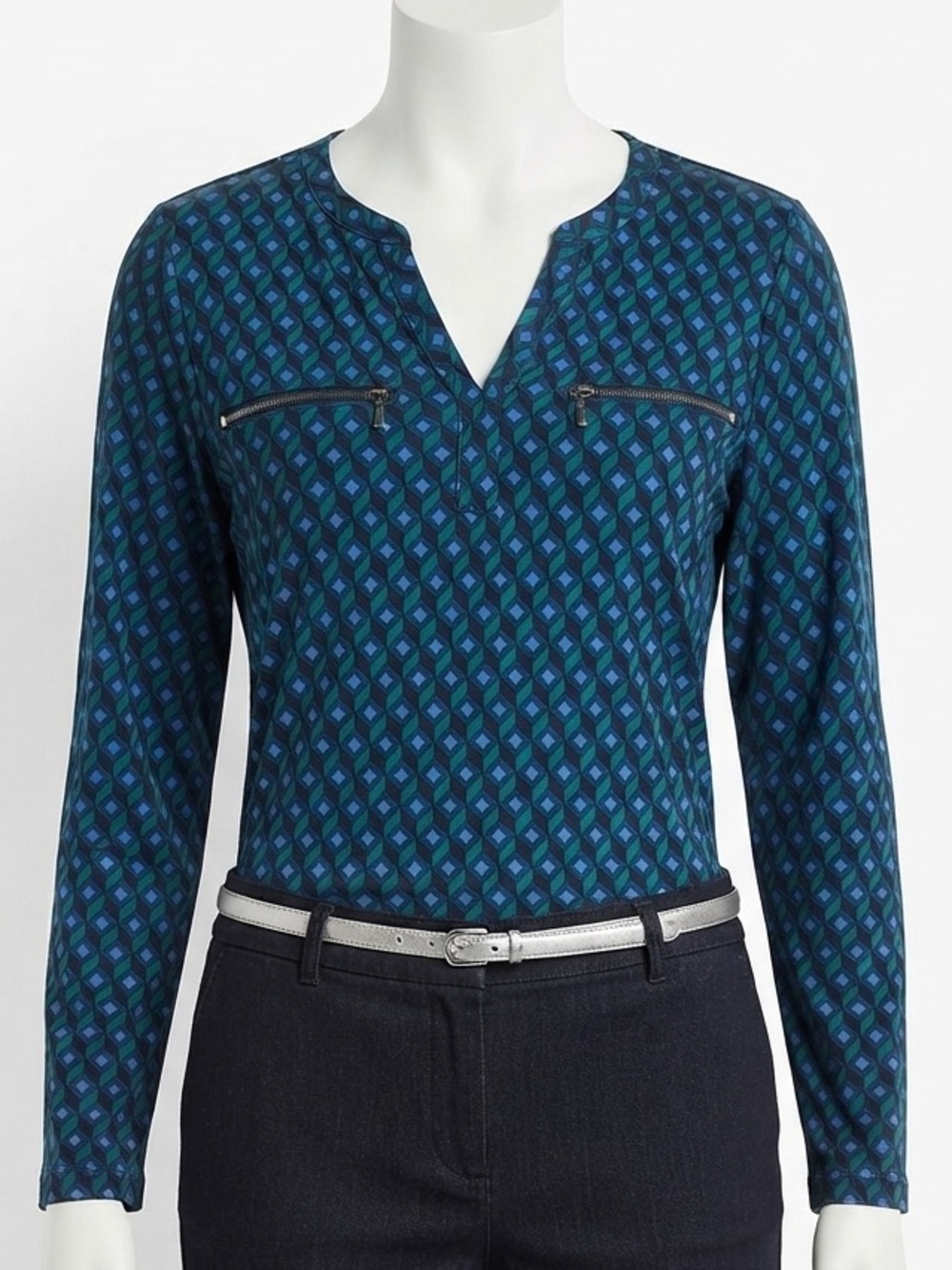 Jaclyn Smith Navy Geometric Print Long Sleeve Blouse